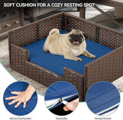 YITAHOME Rattan Dog Sofa Bed with Cushion,Wicker Pet Bed Sofa Couch Indoor Outdoor Water Unaffected for Large Medium Small Dogs Cats (24.8&