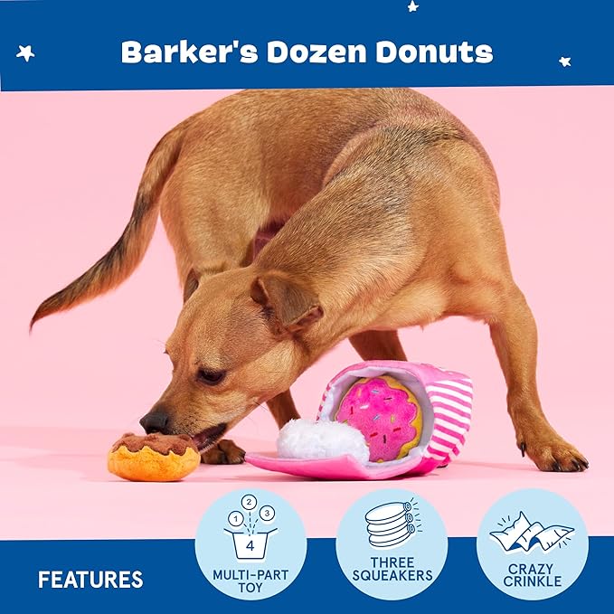 Barkbox Dog Toys – Barker’s Dozen Donuts Plush 4 in 1 Multi Part Interactive Dog Toy for Dogs &amp; Puppies – Small