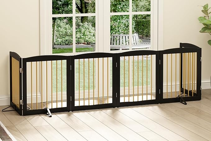 Freestanding Pet Gate for Dogs, Foldable Wooden Dog Gate for House, Extra Wide Indoor Pet Barrier for Stair, Doorway, Hall, Support Feet Included, 120 Inch Wide, 6 Panels 24",Black&amp;Gold