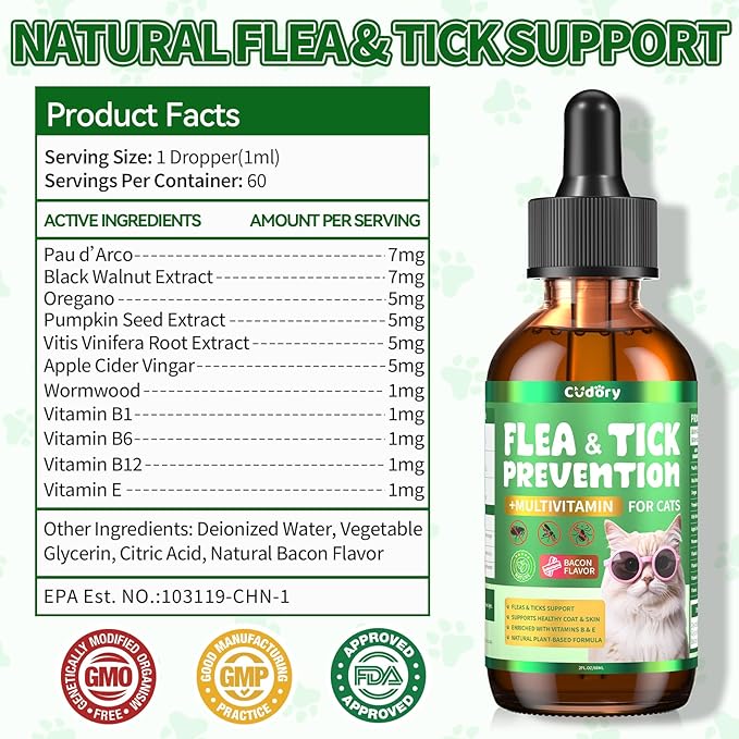 Flea &amp; Tick Support for Cats – Natural Herbal Drops with Multivitamin – Fleas and Ticks Comfort Formula for Cat All Breeds &amp; Ages – Bacon Flavor