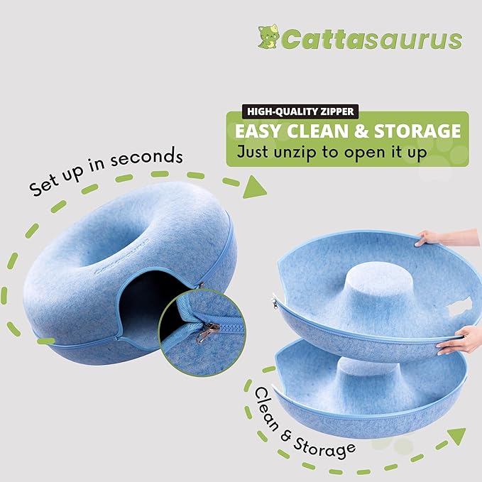 Cattasaurus Peekaboo Cat Cave for Multiple &amp; Large Cats Up to 30-45 Lbs, Scratch Detachable &amp; Washable Tunnel Bed, Comfy Donut Cat Cave (Blue, Jumbo)