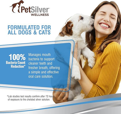 PetSilver Teeth &amp; Gum Water Additive for Dental Care - Pet Breath Freshener - Targets Tartar, Plaque &amp; Eliminates Bad Breath - Dog Oral Care &amp; Cat Teeth Cleaning - No Brushing &amp; Tasteless - 12 fl oz
