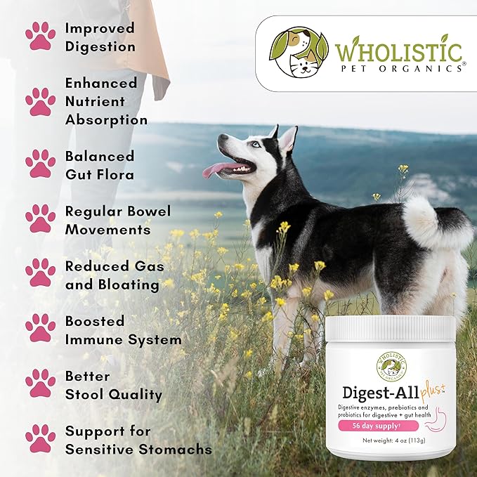 Wholistic Pet Organics Probiotics for Dogs with Digestive Enzymes &amp; Prebiotic Fiber - 4 Oz - Daily Cat &amp; Dog Probiotics for Digestive Health, Anti Diarrhea &amp; Gut Support - Natural Powder Supplement