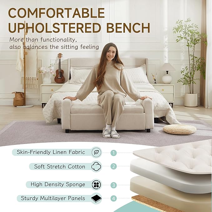 Ottoman with Storage, Tufted Storage Bench for Bedroom, 48" Fabrics End of Bed Bench, Upholstered Entryway Shoe Benches with Rolled Arm &amp; Inner Zipper, Window Ottomans Chest without Rivets, Beige