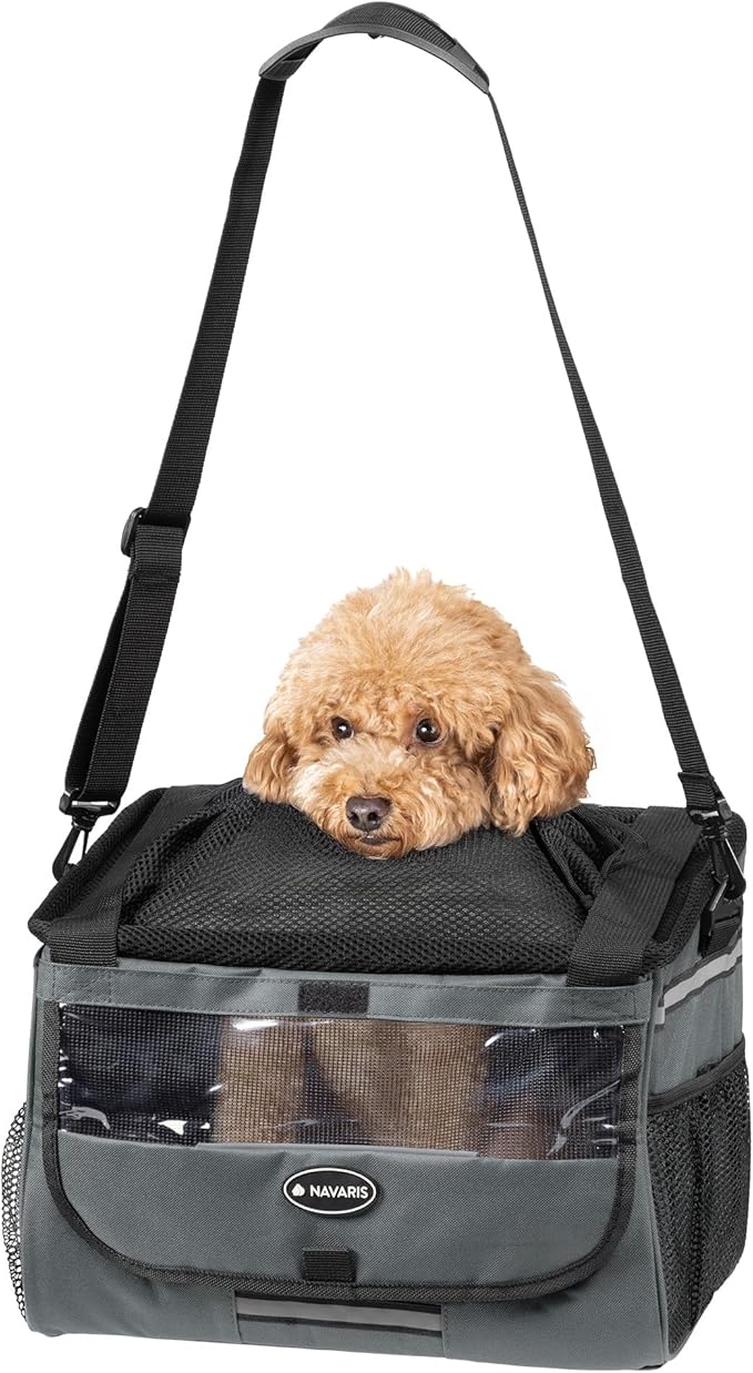 Navaris Pet Carrier for Bikes - Bike Basket Dog Carrier - Ideal Carriers for Small to Medium Dogs Up to 10kg (22lbs) - Drawstring Bag with Secure Locks and Strap - Grey