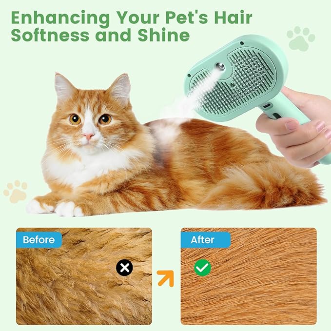 3 in 1 Cat Steam Brush, Pet Spray Hair Removal Comb for Shedding &amp; Grooming, Water Brush for Cats Dogs Small Animals Long Short Haired with One-Click Release Button(Green)