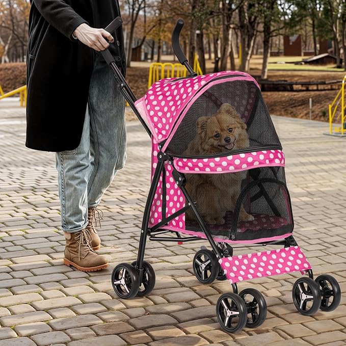 Magshion Compact Pet Stroller for Small-Medium Dogs/Cats up to 22lbs, 4-Wheel Lightweight Umbrella Shaped Portable Puppy Travel Jogger with Breathable Mesh &amp; Rear Storage, Pink Polka Dots