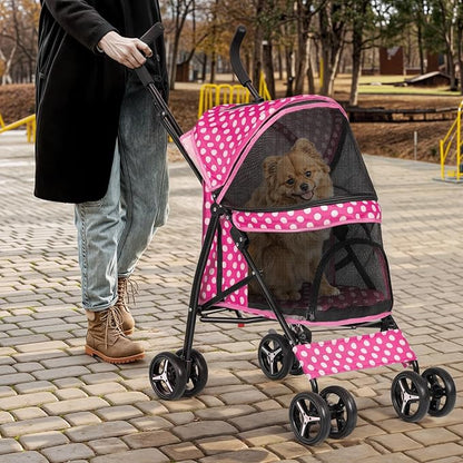 Magshion Compact Pet Stroller for Small-Medium Dogs/Cats up to 22lbs, 4-Wheel Lightweight Umbrella Shaped Portable Puppy Travel Jogger with Breathable Mesh &amp; Rear Storage, Pink Polka Dots