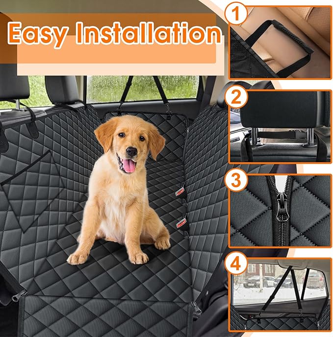 Waterproof Dog Car Seat Cover for Back Seat - Durable, Scratch Proof Pet Hammock with Nonslip Design &amp; Storage Pockets, Fits Cars, SUVs, Trucks - L, Black