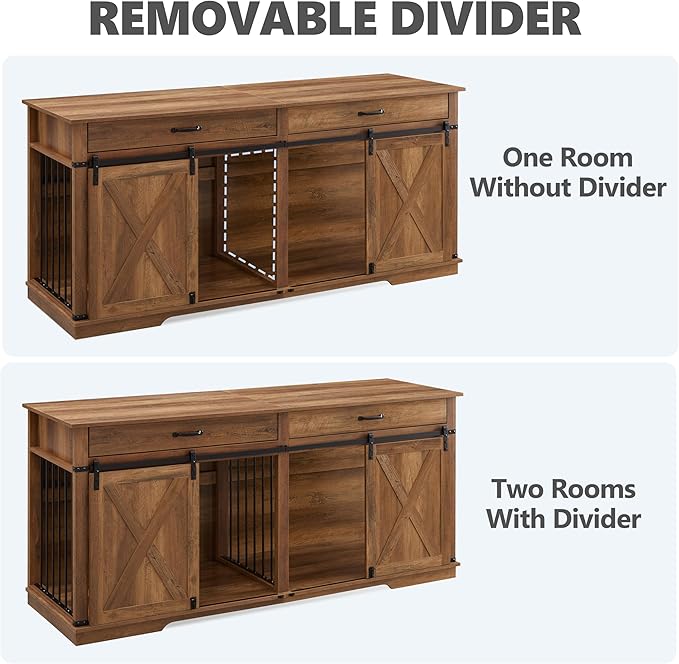 72.5" Extra Large Furniture Style Double Dog Crates for Large Breeds, XXL Wooden Dog Kennel Furniture with Drawers, Divider, Water Resistant &amp; Barn Door for 2 Dogs, Rustic Oak