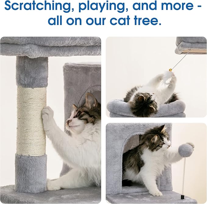 MWPO 70.1-Inch Large Cat Tree, Multi-Level Tall Cat Tower for Indoor Cats, Plush Cat Condo with Big Padded Perches, Sisal-Covered Scratching Posts, Hammock, Toys for Kittens &amp; Cats - Light Grey