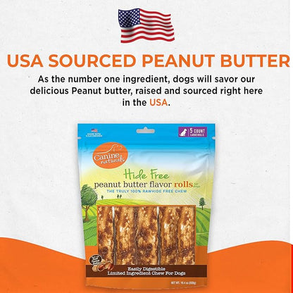 Canine Naturals Peanut Butter Chew - 100% Rawhide Free Dog Treats - Made with Real Peanut Butter - All-Natural and Easily Digestible - 5 Pack of 7 Inch Large Rolls for Dogs 50-75lb