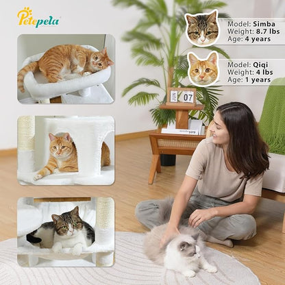 PETEPELA 45.7" Cat Tree for Large Cats, 5-Level Cat Tower for Indoor Cats with Large Hammock (17.3"x15.3"), Cat Condo with (18.5"x13") Big Top Perch &amp; 4 Sisal Covered Scratching Post, White