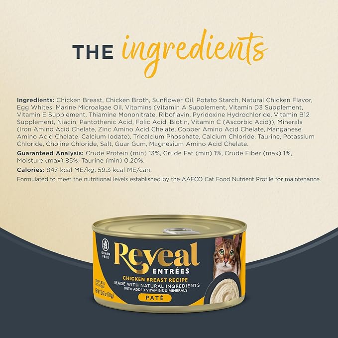 Reveal Entrées Natural Wet Cat Food Paté, Grain-Free with Added Vitamins &amp; Minerals, Carrageenan-Free Chicken Breast Paté Recipe (24 x 2.47 oz Cans)