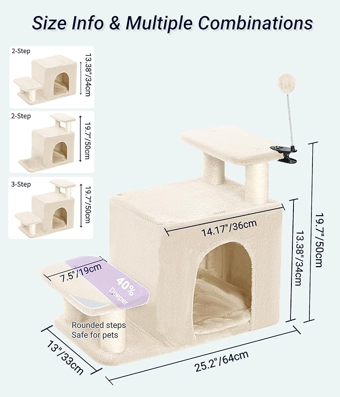 Happi N Pets Dog Stairs with Cat Scratching Post &amp; Large Condo, Stable Pet Steps for High Beds Couch, 3 Combinations Cat Ramp Tree Tower for Cats or Small Dogs, Removable Cushion &amp; Bonus Toy, Beige