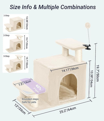 Happi N Pets Dog Stairs with Cat Scratching Post &amp; Large Condo, Stable Pet Steps for High Beds Couch, 3 Combinations Cat Ramp Tree Tower for Cats or Small Dogs, Removable Cushion &amp; Bonus Toy, Beige