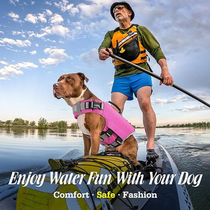 Pawaboo Dog Life Jacket, Reflective Dog Safety Vest Adjustable Pet Life Preserver with Strong Buoyancy &amp; Sturdy Rescue Handle, Ripstop Dog Lifesaver Vests for Swimming, Boating, L, Pink