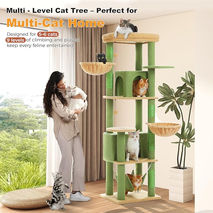 71.2" Large Cat Tree for Multi-Cat Households - 9-Level Cat Tower w/5 Sisal Scratching Posts, 2 Condos, Soft Hammock, Top Perch &amp; Pom Poms - Heavy-Duty Space-Saving Design, Cactus Green