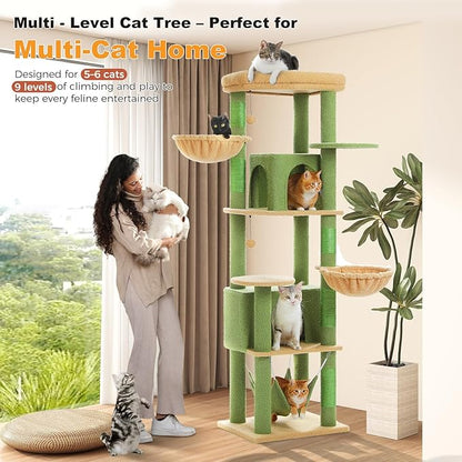 71.2" Large Cat Tree for Multi-Cat Households - 9-Level Cat Tower w/5 Sisal Scratching Posts, 2 Condos, Soft Hammock, Top Perch &amp; Pom Poms - Heavy-Duty Space-Saving Design, Cactus Green