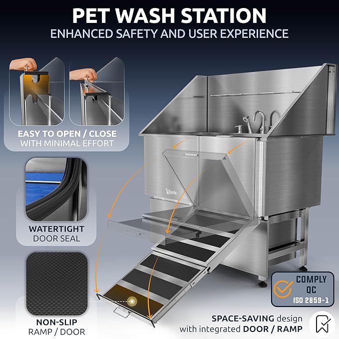 KANIS Professional Dog Washing Station - 304 Stainless Steel Pet Wash Sink &amp; Grooming Bath Tub for Home with Ramp, Shower, Floor Grate, Storage Drawers, and Faucet for Large, Medium &amp; Small Pets