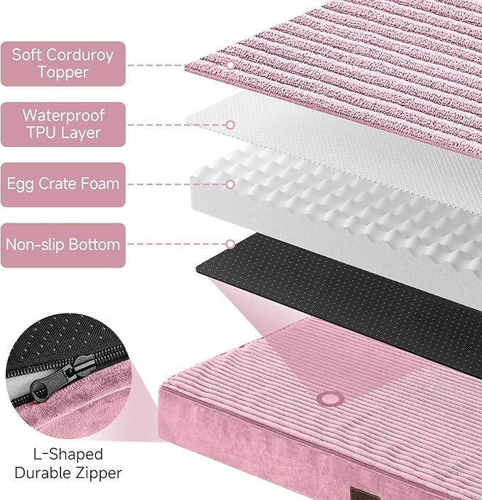 OhGeni Orthopedic Waterproof &amp; Machine Washable Dog Bed for Medium Large Pets, Suitable for Crates, 25D Egg Crate Foam, Non-Slip Bottom &amp; Removable Cover, Invisible Zipper, 35 Inches(Pink)