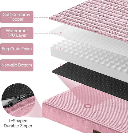 OhGeni Orthopedic Waterproof &amp; Machine Washable Dog Bed for Medium Large Pets, Suitable for Crates, 25D Egg Crate Foam, Non-Slip Bottom &amp; Removable Cover, Invisible Zipper, 35 Inches(Pink)