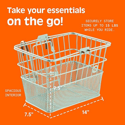 Retrospec Apollo Detachable Front Bike Basket Steel Half-Mesh with Integrated Detachable Hooks and Built-In Handle, Easy Assembly and Portability for Bicycles