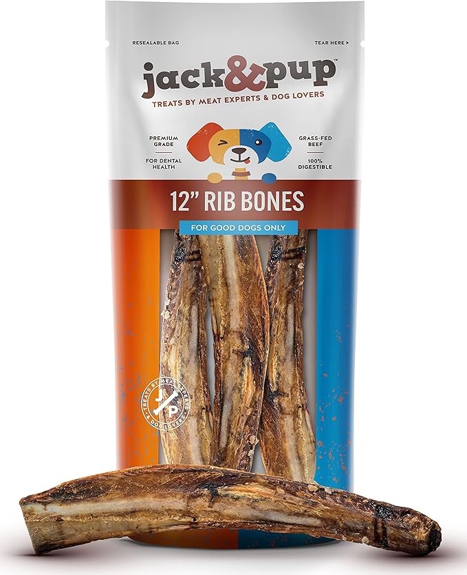 Jack&amp;Pup 12" Rib Bones for Dogs, All Natural Dog Beef Bones, Single Ingredient Bone Marrow, Real Bone for Dogs (3 Pack)