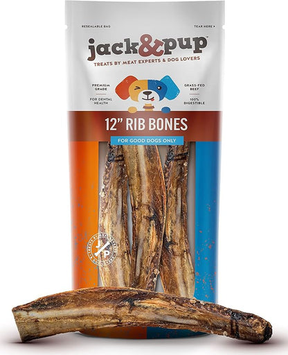 Jack&amp;Pup 12" Rib Bones for Dogs, All Natural Dog Beef Bones, Single Ingredient Bone Marrow, Real Bone for Dogs (3 Pack)