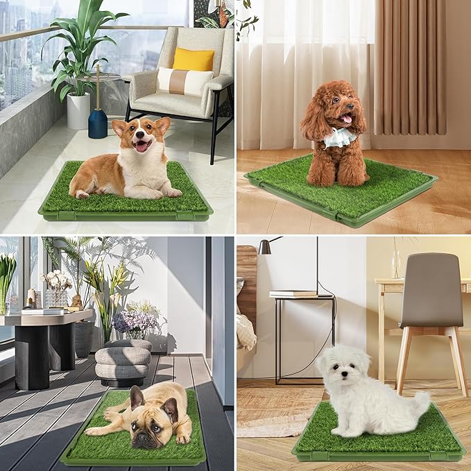Dog Grass Pad with Tray: 3 Pack Grass Pee Pads for Dogs Potty for Puppy Training, Artificial Turf for Dogs with Collection Tray for Indoor /Outdoor /Patio /Balcony, 22"x18" Green