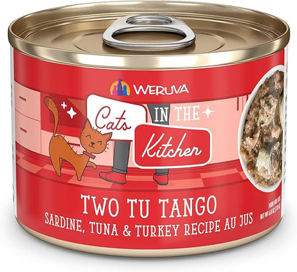Weruva Cats in The Kitchen, Two Tu Tango with Sardine, Tuna &amp; Turkey Au Jus Cat Food, 6oz Can (Pack of 24)