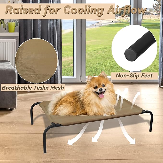 PHYEX Raised Pet Cot for Small Pets, Elevated Dog Bed with Breathable Mesh, Sturdy Steel Frame for Indoor &amp; Outdoor Use, Non-Slip Design, Easy Clean, 33-Inch Brown