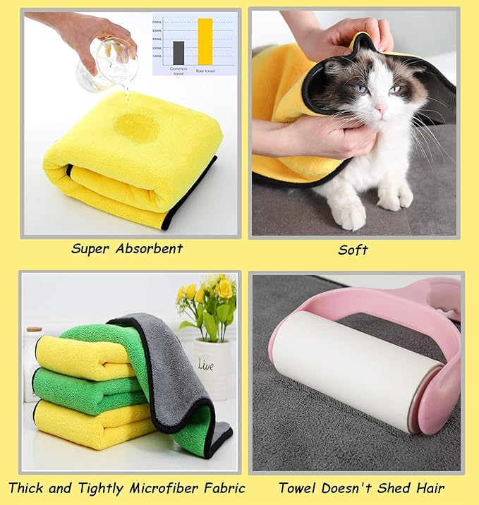 2 Pack Dog Towels Super Absorbent Pet Bath Towel Microfiber Dog Drying Towel for Small Dogs and Cats, Machine Washable, 11.8Inch x 23.6Inch, Yellow-Grey &amp; Green-Grey