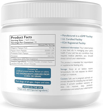 Papaya for Dogs Digestive Enzyme Complex to Support Normal Intestinal Function, Boost Immunity, with Organic Papaya Fruit + Papain, Protease &amp; Amylase, 90 Soft Chews