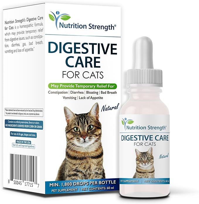 Digestive Care for Cats, Natural Constipation Relief for Cats and Kittens &amp; Support for Diarrhea, Bloating, Bad Breath, Vomiting, Lack of Appetite, 60 Milliliters
