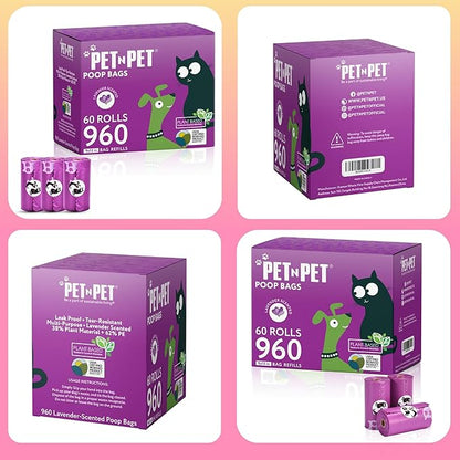 Pet N Pet Poop Bags for Dogs, 960 Counts Lavender Scented Dog Poop Bags Rolls, USDA Certified 38% Plant Based &amp; 62% PE Dogs Waste Bag, Doggie Poo Bag