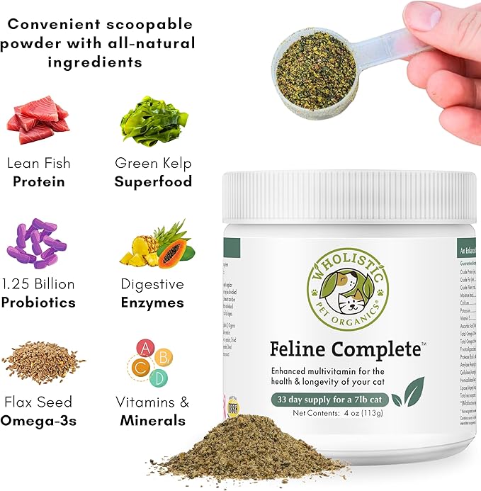 Wholistic Pet Organics Feline Complete - 4 Oz - Multivitamin &amp; Probiotic Powder for Cats - Natural Cat Food &amp; Digestive Support