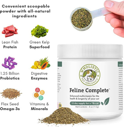 Wholistic Pet Organics Feline Complete - 4 Oz - Multivitamin &amp; Probiotic Powder for Cats - Natural Cat Food &amp; Digestive Support