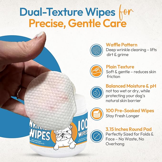Bulldog Wrinkle Wipes &amp; Cream Bundle - Deep Cleaning Wrinkle Wipes + Soothing Dog Wrinkle Cream - Hypoallergenic for Bulldogs, Pugs, Frenchies (100 Wipes + 85g Cream)