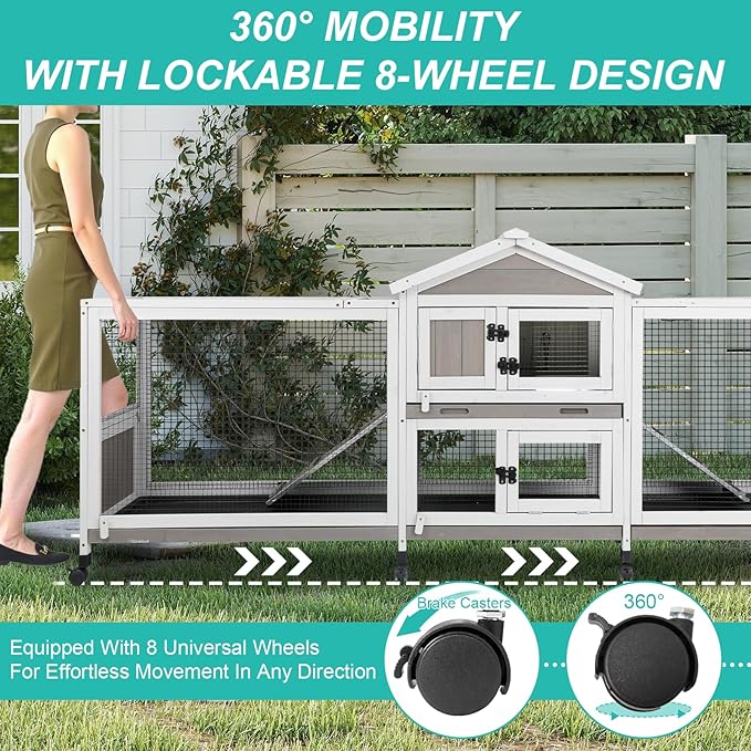 2-Tier Rabbit Hutch with Wheels, Indoor &amp; Outdoor Small Animal Cage with Deep Pull-Out Tray, Anti-Chew Frame, Habitat for Bunny, Guinea Pig, Chinchilla (93" L x 19" W x 35" H)