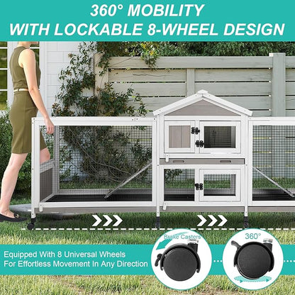 2-Tier Rabbit Hutch with Wheels, Indoor &amp; Outdoor Small Animal Cage with Deep Pull-Out Tray, Anti-Chew Frame, Habitat for Bunny, Guinea Pig, Chinchilla (93" L x 19" W x 35" H)