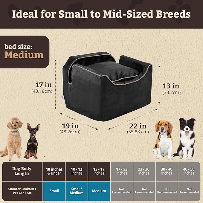 Snoozer Lookout I Dog Car Seat - Small Dog &amp; Puppy Car Seat, Booster Bed for Small and Medium Size Pets up to 25 Lbs, Elevated, Washable - Medium