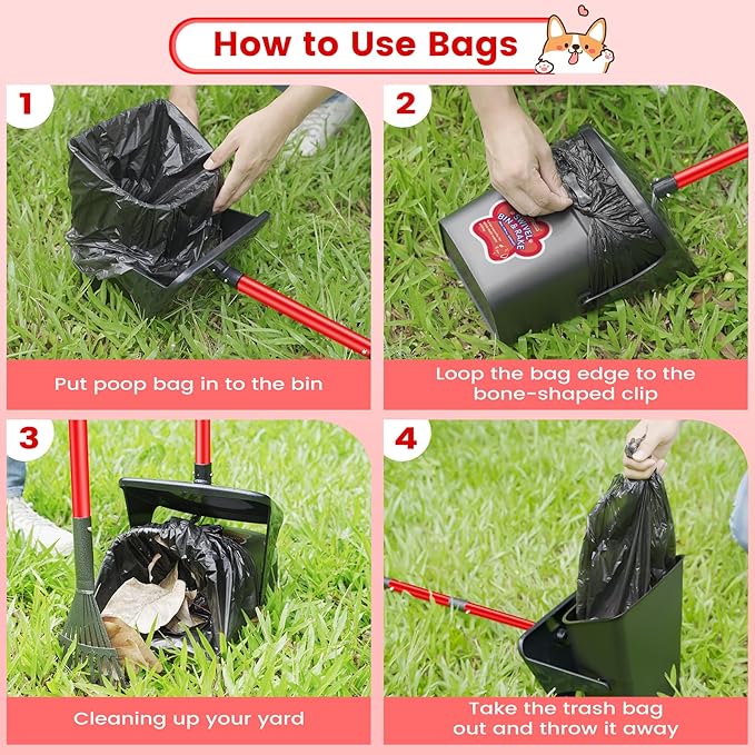 Pooper Scooper Swivel Bin &amp; Rake &amp; Spade with 60 Waste Bags, Heavy Duty Dog Poop Scooper for Large Medium Small Dogs, Long Stainless Steel Handle Use on Yard, Grass, Dirt or Gravel