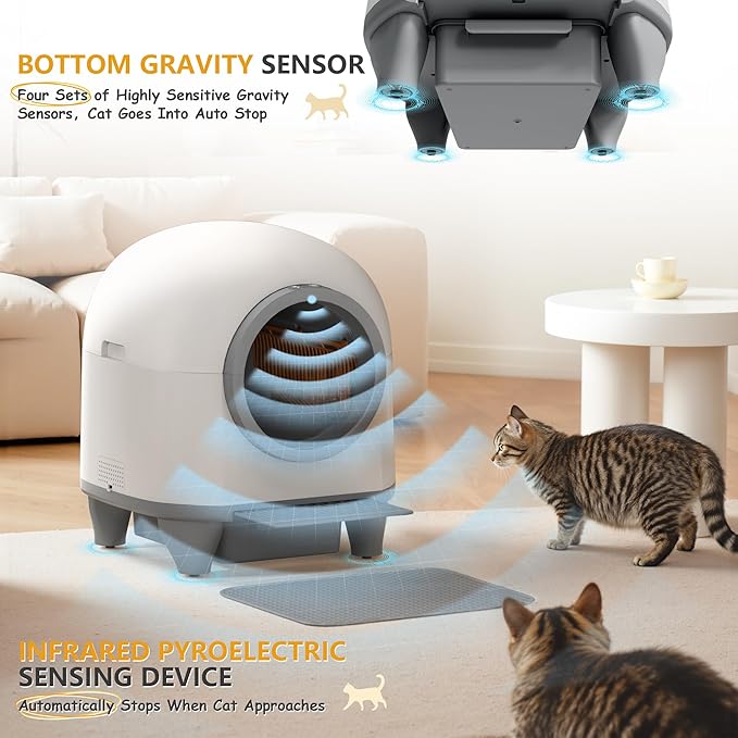 WARCAT Self Cleaning Litter Box Automatic, 90 L Automatic Cat Litter Box for Multiple Cats APP-Controlled with Smart Sensors, Safety Protection,Mat,1 Roll Garbage Bag (Gray)