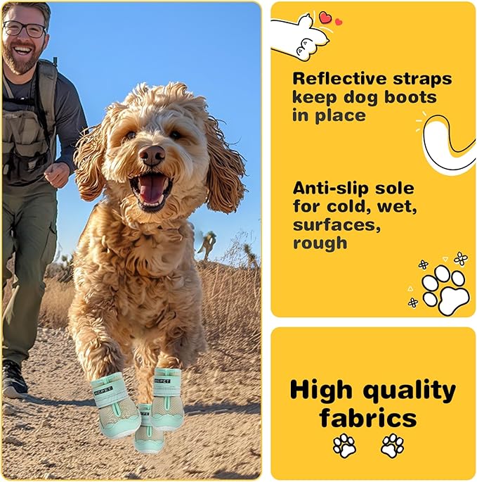 Hcpet Dog Shoes for Large Dogs, Breathable Dog Booties for Small Medium Dogs, Anti-Slip Dog Boots &amp; Paw Protectors for Hot Pavement Winter Snow Hiking with Reflective Straps Green Size 7