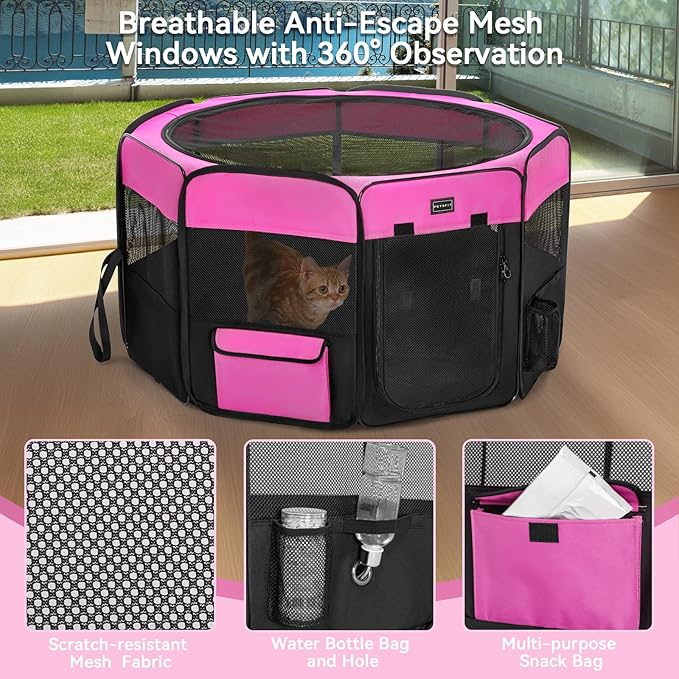 PETSFIT Portable Dog Playpen,36" Dog Play Pen Indoors with Removable Waterproof Mat &amp; Zippered Roof | RV, Camping, Travel Dog Pen | Whelping &amp; Cat Observation Space(36" L x 36" W x 21" H)