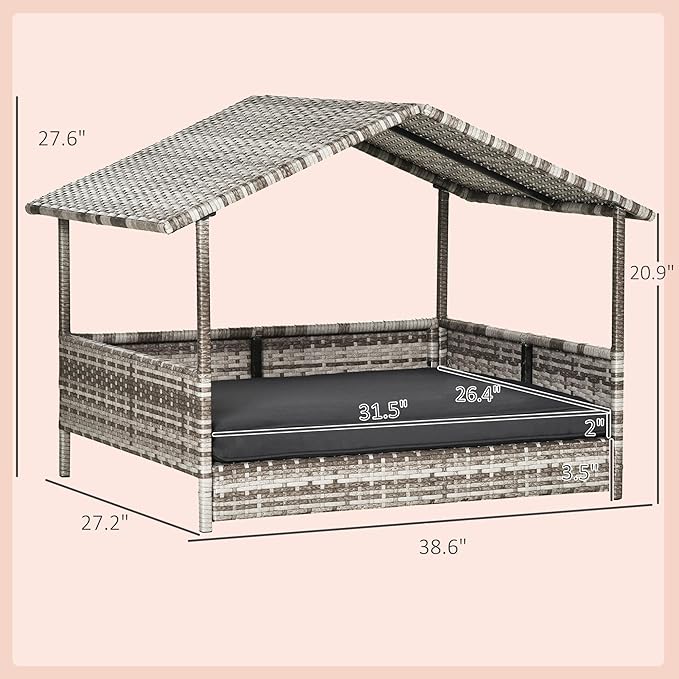 PawHut Wicker Dog House Outdoor with Canopy, Rattan Dog Bed with Water-Resistant Cushion, Raised Dog Bed for Small, Medium Dogs up to 66 lbs, 19.75" in Length, Gradient Gray Wicker &amp; Cushion