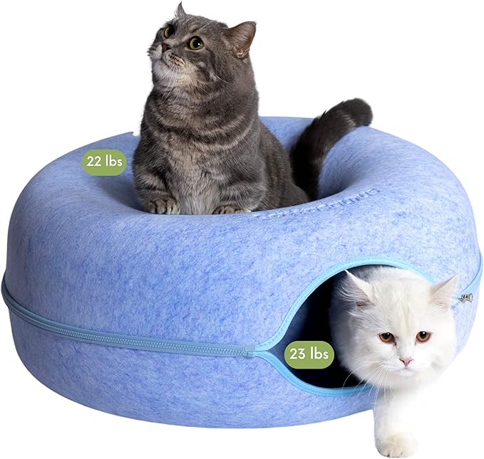 CATTASAURUS Peekaboo Cat Cave for Multiple &amp; Large Cats Up to 30-45 Lbs, Scratch Detachable &amp; Washable Tunnel Bed, Comfy Donut Cat Cave (Blue, Large)