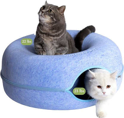 CATTASAURUS Peekaboo Cat Cave for Multiple &amp; Large Cats Up to 30-45 Lbs, Scratch Detachable &amp; Washable Tunnel Bed, Comfy Donut Cat Cave (Blue, Large)