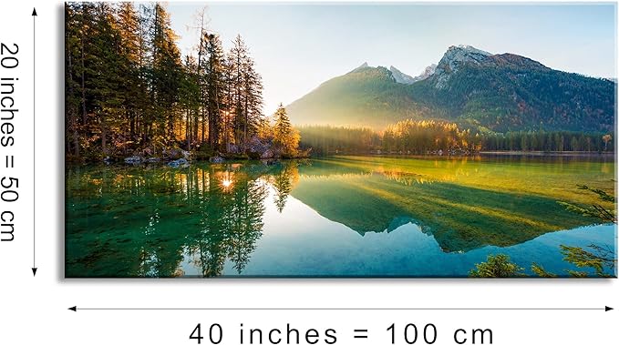 Beautiful Lake Mountain Range Sunrise Sunset Landscape Canvas Wall Art for Living Room, Autumn Forest National Park Scenery, Nature Scenic Picture Print Artwork Painting Decor,Inner Frame 20x40